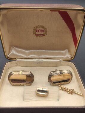 Hickok Cufflinks and Tie Tack Set Gold Tone Vintage Mens Jewelry